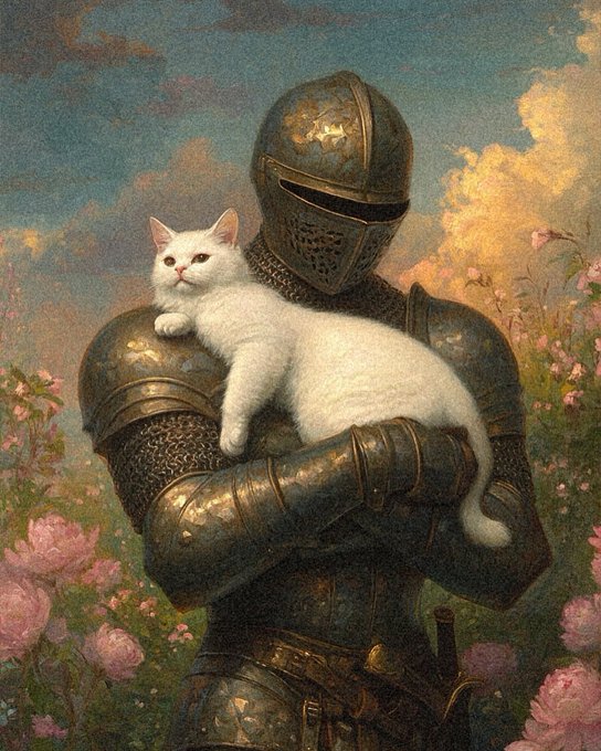 A knight in ornate medieval armor stands in a garden of pink roses, cradling a white cat in his arms as the cat gazes majestically into the distance. The image pairs with the caption's reference to "$Boba @BobaCatOfficial @BobaCatSwap," visually portraying the armored feline as a noble, commanding figure ready to "rule the universe" like a star.