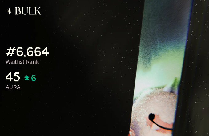 A BULK app screen shows waitlist rank #6,664 and 45 AURA with an increase of 6.