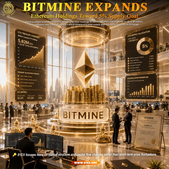 A glossy BitMine promotional graphic showcases the company's growing Ethereum treasury, highlighting "BITMINE EXPANDS — Ethereum Holdings Toward 5% Supply Goal" with a large ETH logo and figures noting 5.82M ETH (≈5% of total supply) and a recent 9,926 ETH purchase worth ~$11 billion, aligned with the post's details on BitMine's institutional accumulation toward its supply target.