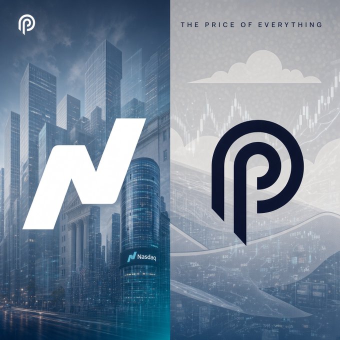 A graphic comparing Nasdaq and Polymarket, featuring the Nasdaq 'N' logo over a cityscape with 'THE PRICE OF EVERYTHING' and the Polymarket 'P' logo over a stock chart.