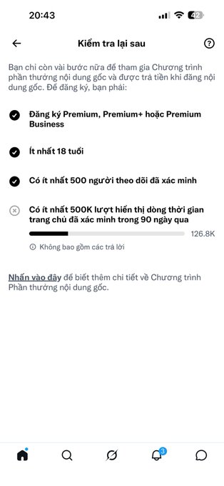 Vietnamese-language Twitter/X eligibility check screen ("Kiểm tra lại sau") showing creator monetization requirements including Premium subscription, age 18+, 500 followers, and 500K time-impression views, with 126.8K progress shown.