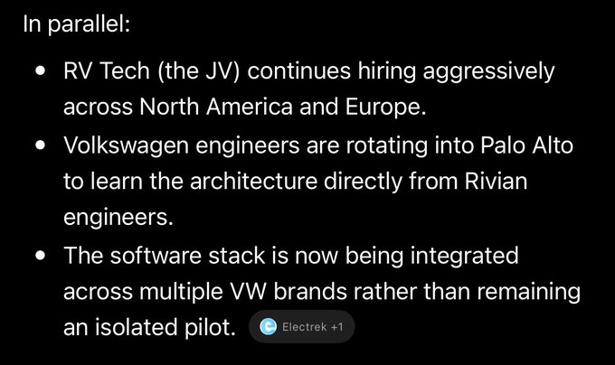 A dark slide titled 'In parallel:' listing bullet points about RV Tech (the JV) hiring across North America and Europe, Volkswagen engineers rotating to Palo Alto to learn from Rivian engineers, and software integration across multiple VW brands, with a small 'Electrek +1' badge.