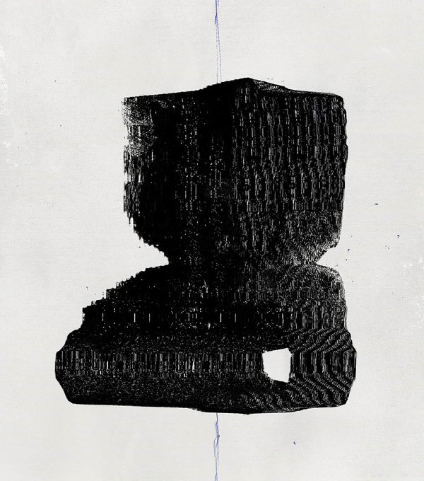A textured black abstract shape resembling a stacked geometric form on a light gray background with a thin blue vertical line.