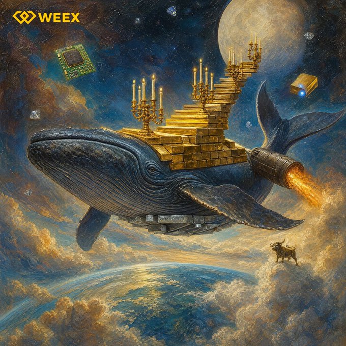 The image depicts a majestic whale soaring through a starry cosmos, carrying a golden temple-like staircase crowned with candelabras on its back, with a rocket thruster firing from its tail. The "WEEX" logo appears in the top left corner, reinforcing the post's message: the whale symbolizes the strength and reliability backing WEEX's platform—carrying users through the volatile crypto markets with confidence, guidance, and security like a guardian of trade.