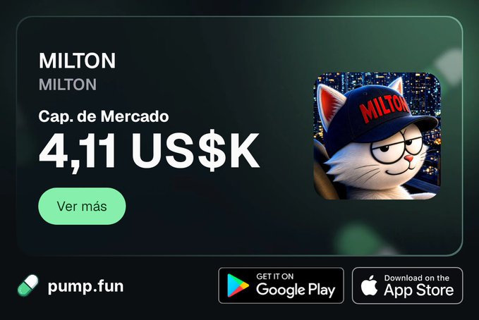 A pump.fun cryptocurrency meme coin listing for 'MILTON' showing a market cap of 4.11 US$K, featuring an illustrated cat wearing a red 'MILTON' cap against a city skyline.