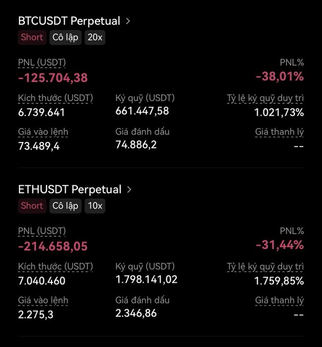 A trading interface in Vietnamese showing two losing short positions: BTCUSDT Perpetual with -38.01% loss (-$125,704.38) and ETHUSDT Perpetual with -31.44% loss (-$214,658.05).