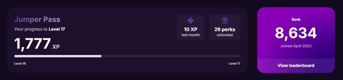 A user profile dashboard displays a "Jumper Pass" at Level 17 with 1,777 XP earned, 10 XP earned last month, 26 perks unlocked, and a rank of 8,634 since joining in April 2023. The image relates to the post by showing the user's current standing in the Jumper ecosystem, which they are referencing when discussing the potential value of a $JUMP token airdrop.