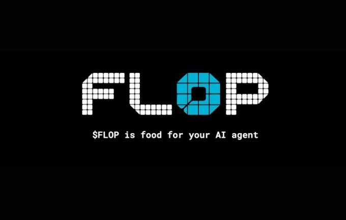 Logo for '$FLOP' designed with white and blue pixelated blocks, accompanied by the tagline '$FLOP is food for your AI agent'.
