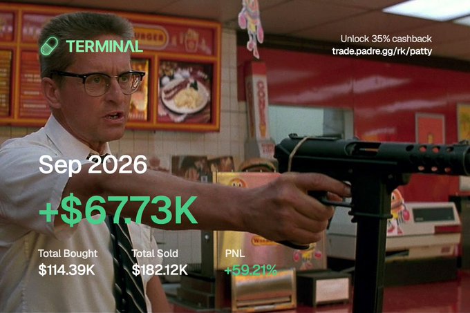 The image shows the iconic "Hot Fudge Day" scene from *Falling Down*, edited with a meme caption where the man (D-FENS) now wears a green pill-shaped "TERMINAL" badge and wields a Thompson submachine gun inside a Burger Time. Overlay text brags about September 2026 performance—"Sep 2026, +$67.73K, Total Bought $114.39K, Total Sold $182.12K, PNL +59.21%"—alongside a referral link offering 35% cashback at trade.padre.gg/rk/patty.

The "UNCtober" caption ties in by framing the trader as a hostile, gun-wielding boomer intent on shorting the Solana crowd, with the meme weaponizing the film reference to joke about inflicting losses on younger degens during October.