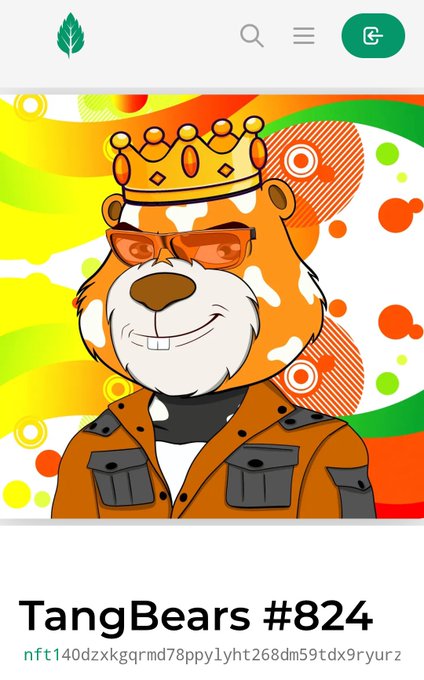 A digital NFT artwork titled 'TangBears #824' features a bear character with a gold crown, orange sunglasses, and a brown jacket against a colorful background, with the token address 'nft140dzxkgqrmd78ppy1yht268dm59tdx9ryurz' below.