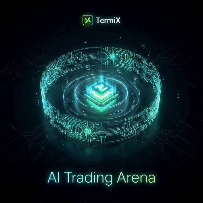 A dark digital graphic with a glowing teal circuit-board ring surrounding an "AI" chip, branded with "TermiX" at the top and "AI Trading Arena" at the bottom.