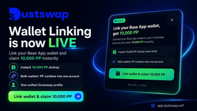 The image features a poster for a new feature called "Wallet Linking" on a website named "DUSTSWAP". The poster displays two wallets, one being an EVM wallet and another being a Baseapp smart wallet. It also shows that users can link their Base App wallet to the EVM wallet, allowing them to use both wallets simultaneously for transactions. The post explains how this new feature works and encourages users to take advantage of it by linking their Base App wallet to the EVM wallet.