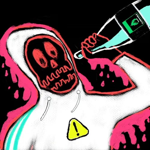A graphic illustration featuring a grim reaper-like skeleton in a white robe with a glowing green triangle warning symbol, being injected with a liquid from a bottle labeled with a green emblem.