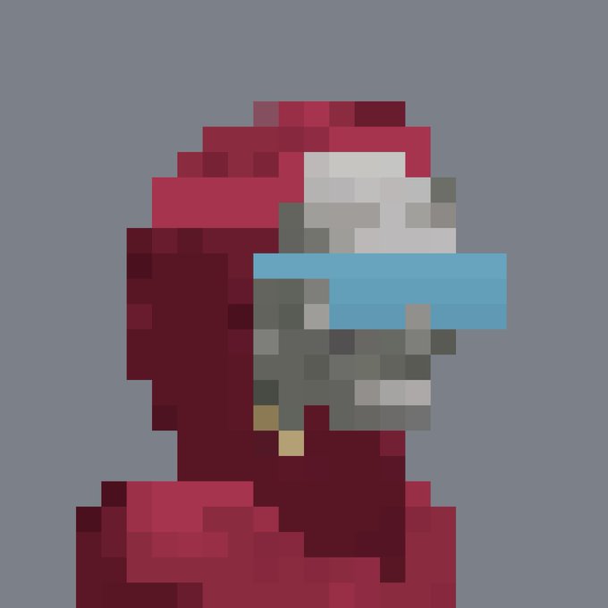 A pixel art character wearing a red hooded robe is shown with a golden tooth or "gold relic" visible in their grin, perfectly illustrating the playful concept of "Wearing Gold relic on Saturdays." The character's face features the signature blue visor and skeletal grin, with the small gold tooth serving as the humorous standout detail.