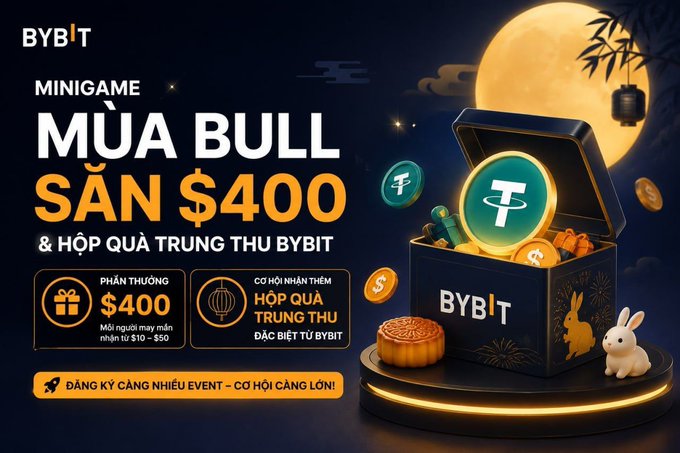 A Bybit cryptocurrency promotional advertisement in Vietnamese for a 'MINIGAME MÙA BULL SĂN $400' campaign, featuring an open treasure chest with a glowing teal token, a mooncake, and a rabbit against a moonlit background.