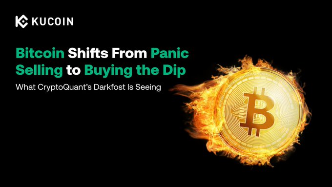 A KuCoin promotional graphic featuring the headline "Bitcoin Shifts From Panic Selling to Buying the Dip — What CryptoQuant's Darkfost Is Seeing" alongside a flaming Bitcoin coin image, visually reinforcing the article's theme of a market sentiment reversal as Bitcoin reclaimed $80,000 with strong dip-buying support.