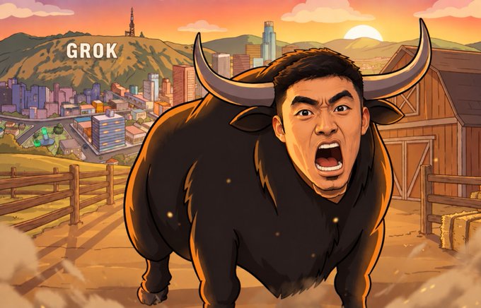 A cartoon illustration of a man with an angry face superimposed on a charging bull's body, with "GROK" text in the upper left corner against a cityscape backdrop.