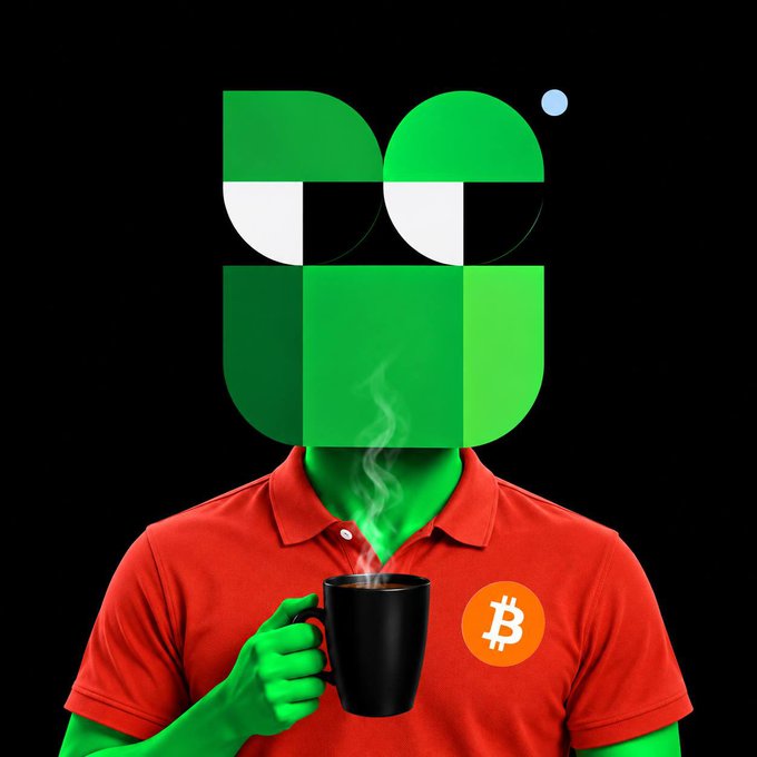 Digital art of a figure in a red polo shirt featuring a Bitcoin logo, holding a steaming black mug, with a green geometric face and hands on a black background.