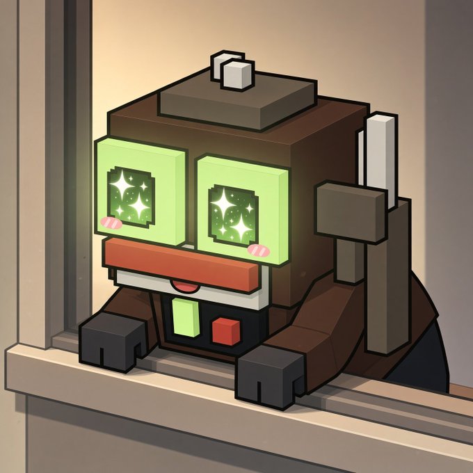 A voxel-style digital illustration of a brown, blocky character with large, glowing green eyes containing star shapes, sitting on a wooden windowsill.