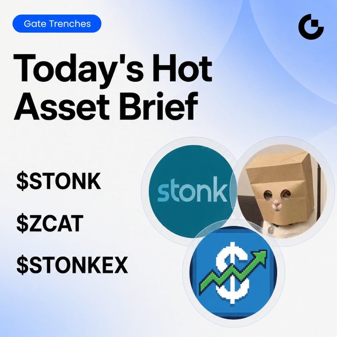 A promotional graphic titled "Today's Hot Asset Brief" from Gate Trenches highlights three trending meme tokens—$STONK, $ZCAT, and $STONKEX—alongside playful cat imagery and a pixel-art upward chart icon, visually reinforcing the post's tease that $STONKEX is primed for a fierce next leg up.