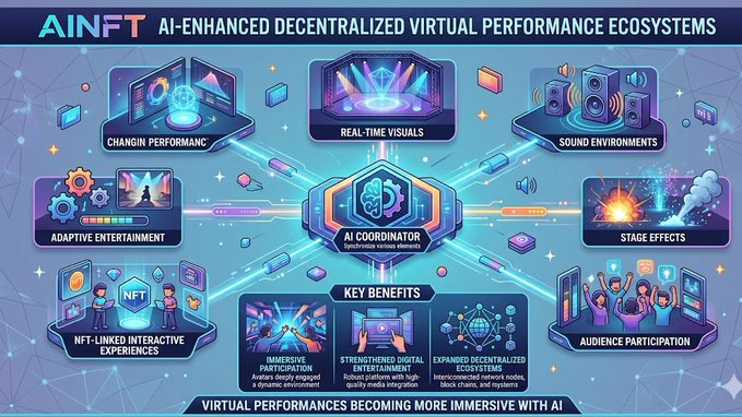 The image features a colorful poster that explains the concept of AI-enhanced centralized virtual performance ecosystems (AVPSEs). The poster displays various elements related to AVPSEs, such as a brain, a computer screen, and a person's face with a computer monitor behind them. The poster also includes text that highlights the benefits of AVPSEs in terms of immersive experiences for audiences.