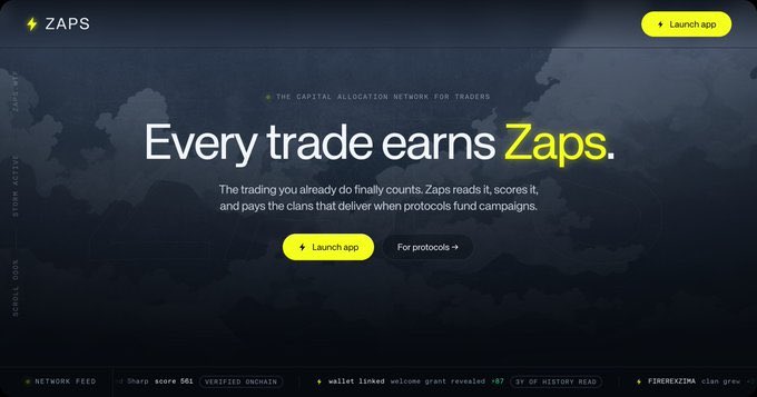 A website screenshot for 'ZAPS' displaying the tagline 'Every trade earns Zaps' with 'THE CAPITAL ALLOCATION NETWORK FOR TRADERS' subtitle and buttons to launch the app.
