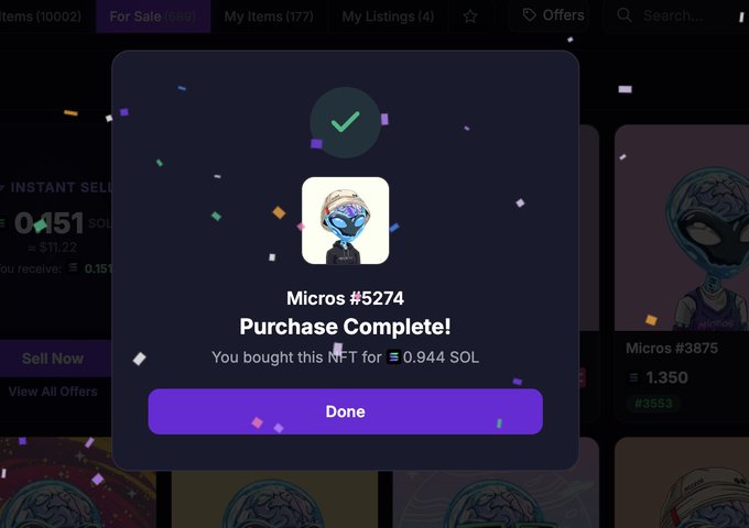 A screenshot of an NFT purchase confirmation on what appears to be a marketplace, showing 'Micros #5274 Purchase Complete!' for 0.944 SOL with an alien character avatar.