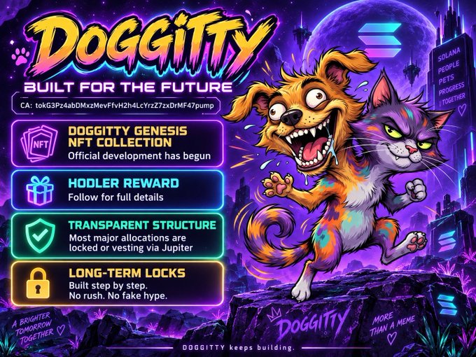 A vibrant promotional graphic for 'DOGGITTY' crypto project with the tagline 'BUILT FOR THE FUTURE,' displaying features like 'DOGGITTY GENESIS NFT COLLECTION,' 'HOOLER REWARD,' 'TRANSPARENT STRUCTURE,' and 'LONG-TERM LOCKS,' featuring cartoon dog and cat characters.