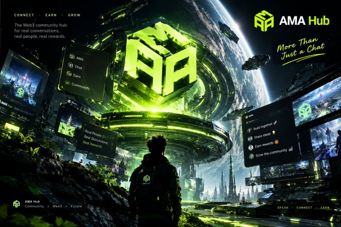 A futuristic promotional banner for 'AMA Hub' displays a glowing green 3D cube logo in space, with text reading 'CONNECT EARN GROW' and 'More Than Just a Chat,' alongside interface elements for Chat, Earn, and Community.