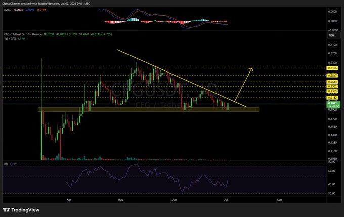 A TradingView dark-theme candlestick chart for the CRG / TetherUS (CRGUSDT) pair on Binance via TradingView.com, dated July 02, 2026, annotated with descending yellow trend lines, horizontal support zones, an upward breakout arrow, and an RSI indicator at the bottom.