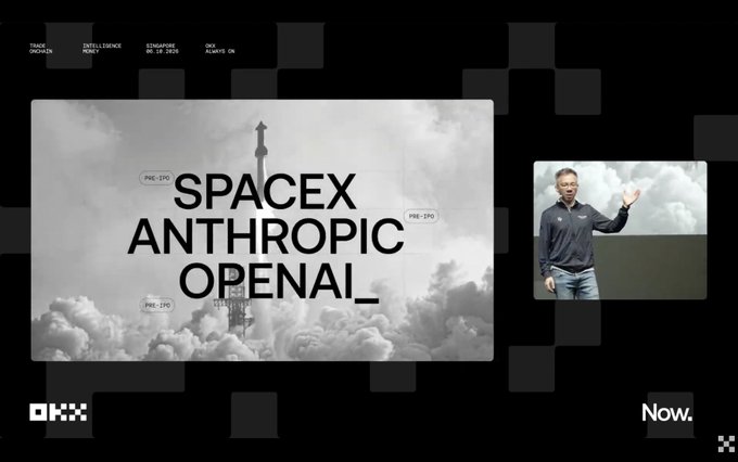 A presentation slide with a black background showing 'SPACEX ANTHROPIC OPENAI_' in bold text over a rocket launch image, alongside a speaker in a small video panel and an 'OKX' logo.