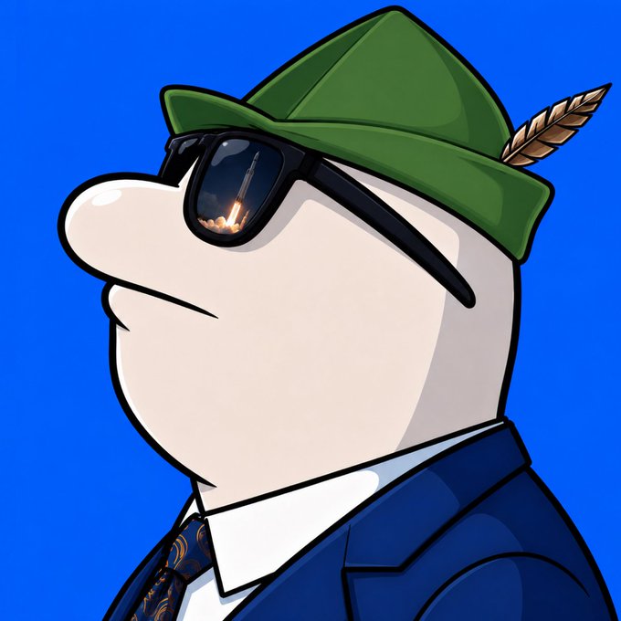 A stylized cartoon illustration of a faceless figure wearing a green hat with a feather, black sunglasses reflecting a rocket launch, and a blue suit with a patterned tie against a bright blue background.
