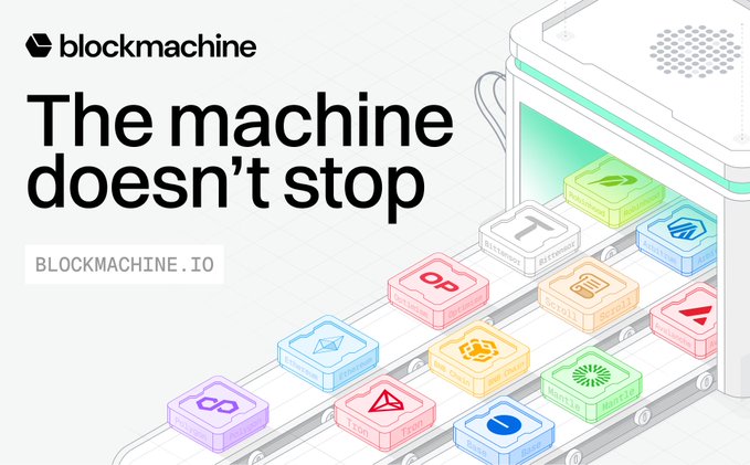 An advertisement for "blockmachine" with the headline "The machine doesn't stop" and website "BLOCKMACHINE.IO", showing an isometric illustration of colorful cubes with cryptocurrency logos moving along a conveyor belt into a machine.