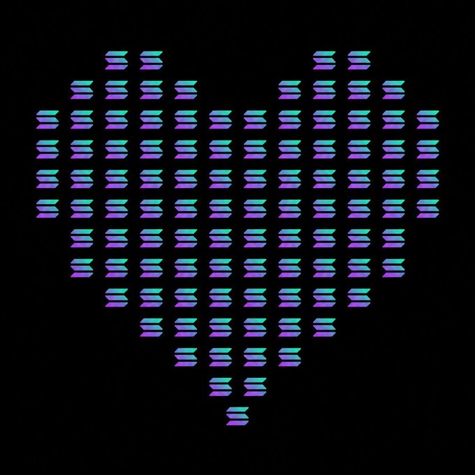 A digital equalizer-style rendering spells out "SOL" in purple and teal pixelated blocks against a black background, visually representing the Solana cryptocurrency ticker being celebrated in the post.