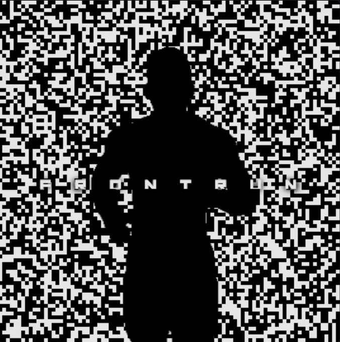 A black silhouette of a person stands against a glitchy black-and-white static background, with the partially obscured word "FRONTRUN" visible across the chest, directly referencing the FRONTRUN NFT collection mentioned in the post.