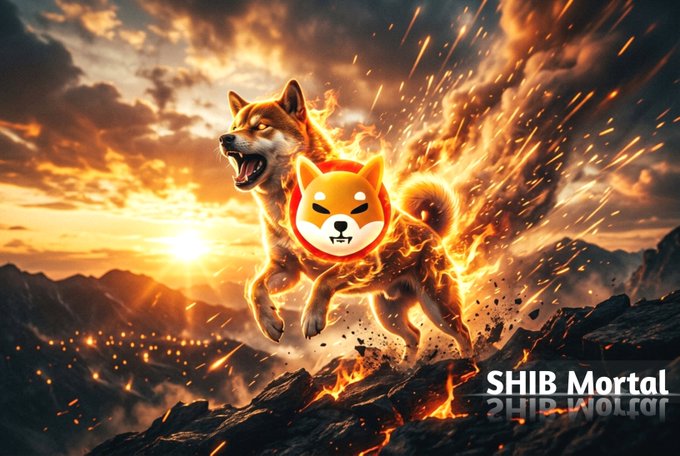 A Shiba Inu engulfed in flames charges forward on a rocky, volcanic landscape under a dramatic sunset sky, with the Shiba Inu cryptocurrency logo prominently displayed on its side and "SHIB Mortal" text in the corner, visually embodying the post's message of Shiba Inu ($SHIB) surging +15-20% with historic lows in exchange reserves and 1 billion Shibarium transactions signaling the ShibArmy's powerful resurgence.