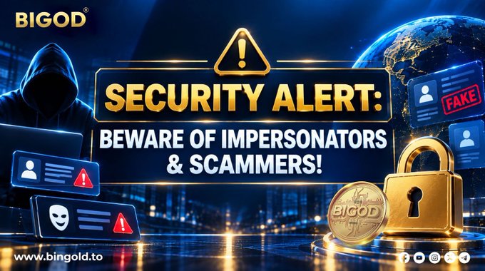 A security warning banner for "BIGOD" (www.bingold.to) alerting viewers to "SECURITY ALERT: BEWARE OF IMPERSONATORS & SCAMMERS!" featuring a hooded hacker, padlock, and fake ID graphics.