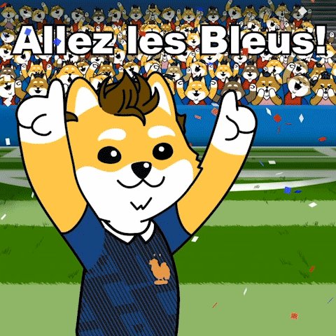 llorées bleus, a cartoon character with a brown and white fur coat, waves hands in the air while standing on a green field surrounded by confetti.