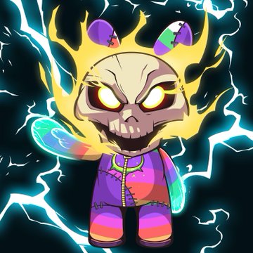 A cartoon-style skeletal character with glowing yellow eyes and flame-like hair, wearing a colorful purple and pink onesie, appears against a background of blue lightning.