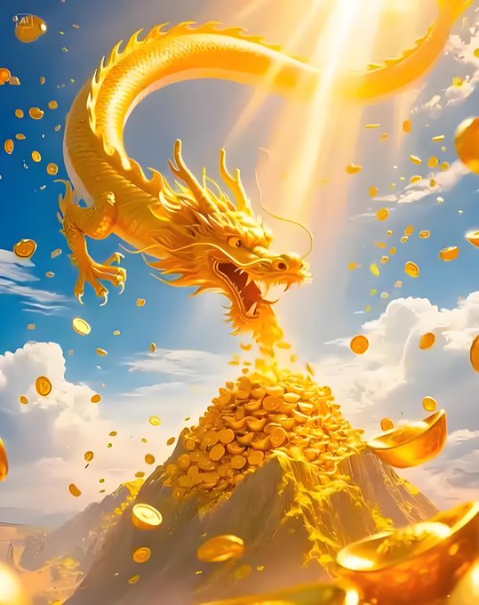 A majestic golden dragon hovers in the sky above a mountain overflowing with shimmering gold coins, breathing a radiant stream of golden light as coins rain down. This vibrant image perfectly matches the post's theme of the "Golden Dragon" and abundant gold coins, symbolizing wealth, prosperity, and good fortune. ✨🐉💰