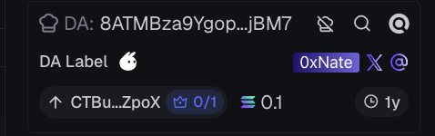 A dark-themed interface displays a digital asset labeled "DA Label" with the contract address beginning "8ATMBza9Ygop..jBM7," linked to the ticker **0xNate** (X/@handle) with metadata showing "CTBu...ZpoX," a 0/1 status, and "0.1" value. The image appears to be a profile or token tracker card referenced in the post questioning the deployment of $NTM by @na1hancoh, a former Staff SWE at Baton Corporation (PumpFun's dev company).