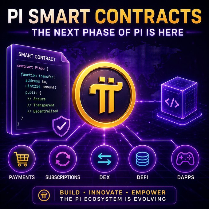 A promotional graphic titled 'PI SMART CONTRACTS - THE NEXT PHASE OF PI IS HERE' featuring the Pi coin logo, sample code for a 'Contract PiApp', and icons for Payments, Subscriptions, DEX, DeFi, and Dapps with the tagline 'BUILD • INNOVATE • EMPOWER'.
