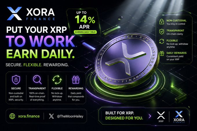 An advertisement for XORA Finance promotes 'PUT YOUR XRP TO WORK. EARN DAILY.' with up to 14% APR earning daily yield, highlighting features as secure, transparent, flexible, and rewarding, built specifically for XRP.