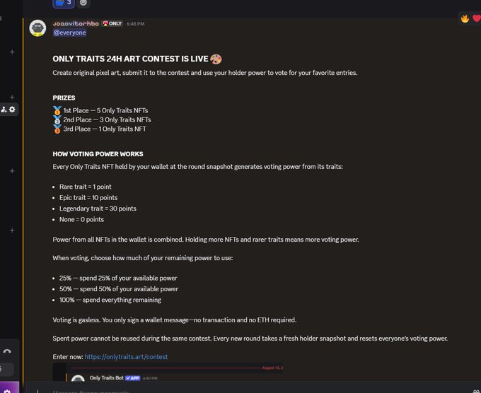 A Discord announcement from user 'joooovforhbo' about the 'ONLY TRAITS 24H ART CONTEST' detailing prizes (1st Place - 5 Only Traits NFTs, 2nd Place - 3 Only Traits NFTs, 3rd Place - 1 Only Traits NFT) and how voting power works based on NFT traits.