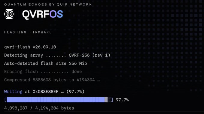 A terminal screen displays "QVRF OS" firmware flashing progress by Qua Network, showing "Detecting array...... QVRF-256 (rev 1)" and "Writing at 0x083E88EF... (97.7%)" with a blue progress bar.