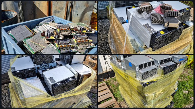 A four-panel collage showing various pieces of e-waste, including computer motherboards, power supplies, and fans, stacked in plastic bins and wrapped in yellow shrink wrap outdoors.