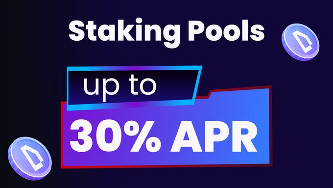 The image features a banner with text that reads "Staking pools up to 30% APR." The banner also includes three coins, one of which has a blue background and another with a purple background. These coins are used as rewards for users who stake their money in these pools.