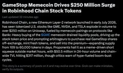 Heavily blurred black image with partially visible white text mentioning 'GameStop Meme Coin Drives $250 Million Surge in Robinhood Chain Stock Tokens'.