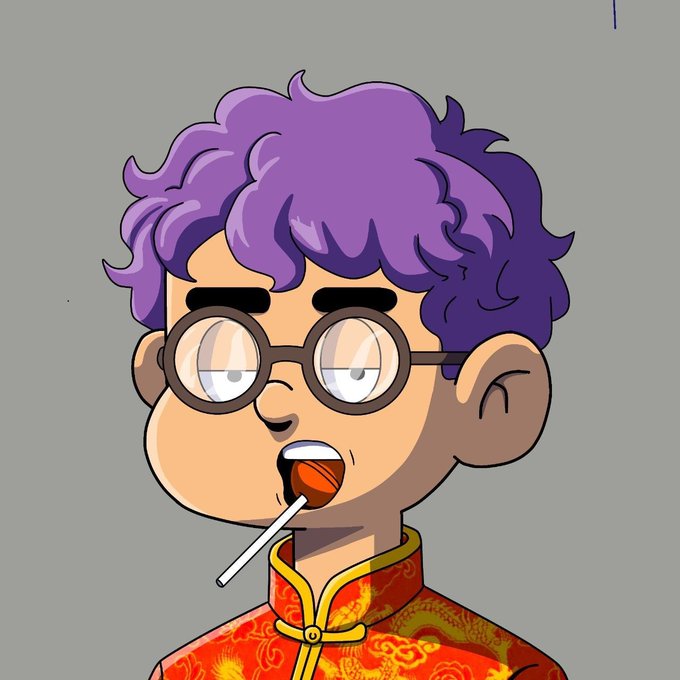 A cartoon character with curly purple hair, round glasses, and a red traditional Chinese-style garment smokes a lollipop while looking sideways, fitting the promotional post about "THE LOUD HOUSE" NFT mint final wallet batch allocations and upgrade opportunities via the linked Google Form.