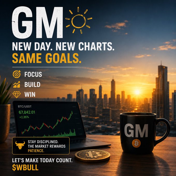 Crypto motivational 'GM' (Good Morning) graphic featuring a laptop showing BTC/USDT at 67,842.01 (+2.35%), a city skyline at sunrise, a GM-branded mug with Bitcoin logo, and text 'FOCUS BUILD WIN — LET'S MAKE TODAY COUNT. SWBULL'.